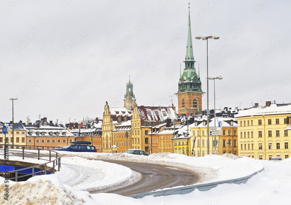 Obraz premium Church of Saint Clare and winter Gamla Stan in Stockholm
