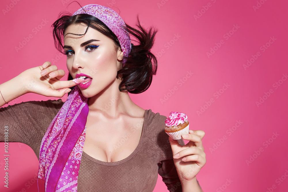 Woman sexy sweets eat cake taste makeup dress