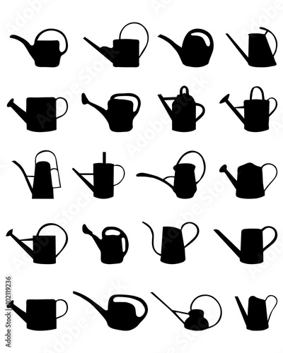 Black silhouettes of watering cans on white background, vector