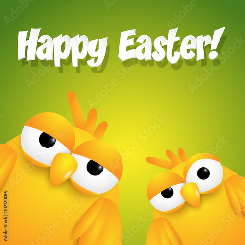Tow yellow cute cartoon chicks wishing happy Easter. Vector illustration.