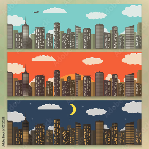 Three Urban Landscape Banners. Summer City Background. Vector Illustration
