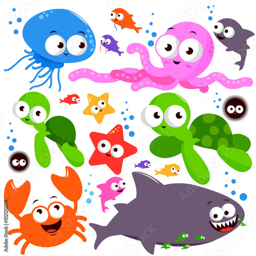 Sea animals swimming underwater. Vector illustration