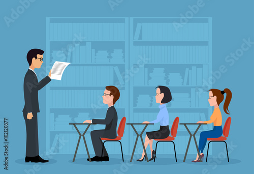 A group of students. A training seminar .Speaking to the audience flat style