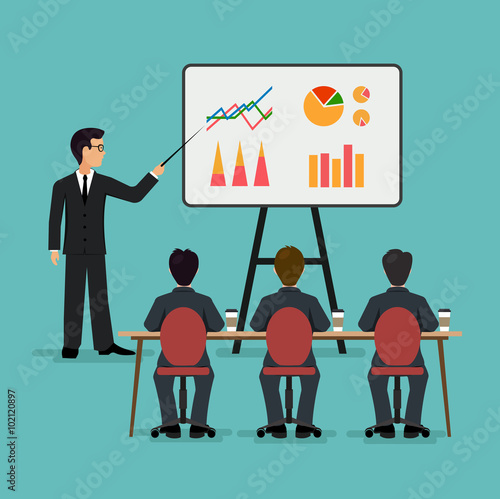 A group of people in the office. Economic seminar .Speaking to the audience flat style.