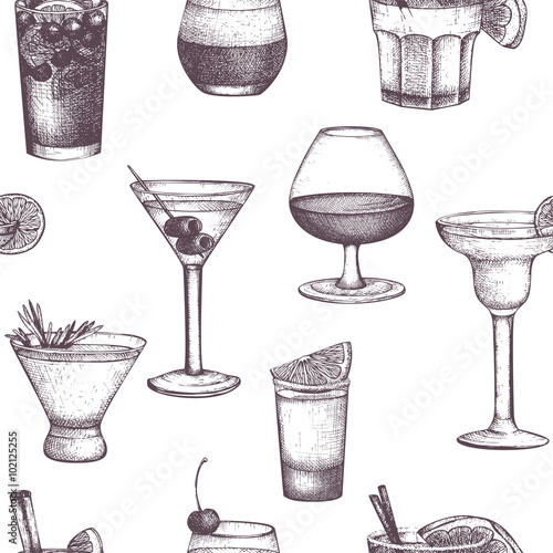 Vector seamless pattern with vintage alcoholic drinks sketch. Ink hand drawn drinks background for bar or restaurant menu