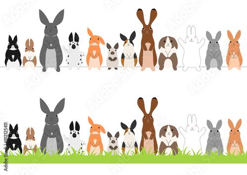 set of standing rabbits in a row