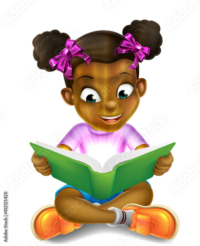 Cartoon Little Girl Reading Amazing Book