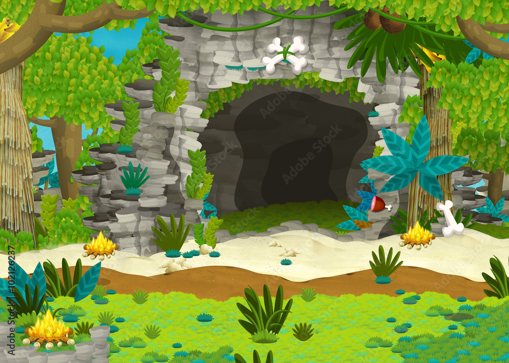 cartoon scene with big cave in the jungle illustration for children
