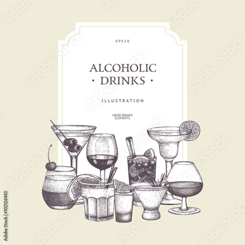 Vector design with hand drawn alcoholic drinks illustration. Vintage beverages sketch background. Retro template