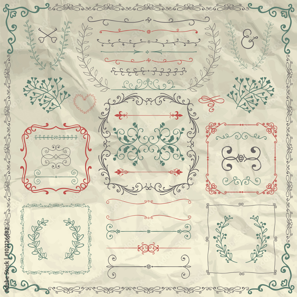Rustic Decorative Design Elements on Crumpled Paper Rustic Decorative Design Elements on Crumpled Paper