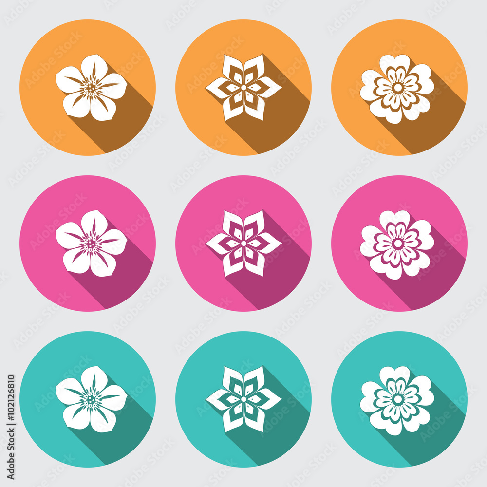 Flower icon set. Primula, daisy, petunia, orchid. Floral symbol. White sign on round rose, orange, turquoise buttons with long shadow. Vector Flower icon set. Primula, daisy, petunia, orchid. Floral symbol. White sign on round rose, orange, turquoise buttons with long shadow. Vector