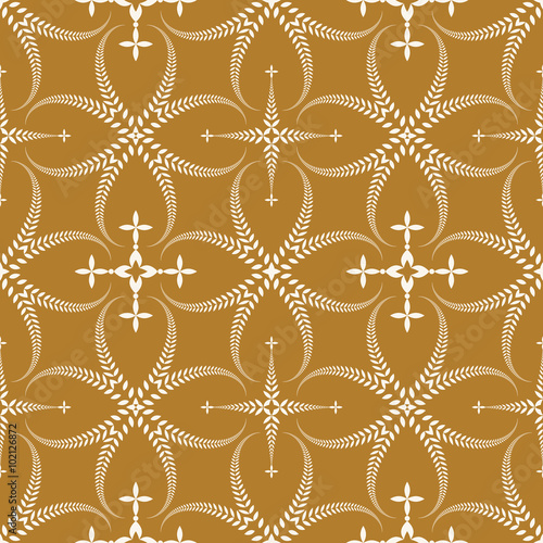 Seamless laurel wreath pattern. Curled, swirl stylized ornament with cross. Lace view texture. Ceremonial, remembrance, honouring theme. Light figure on gold background. Dark red colored. Vector 