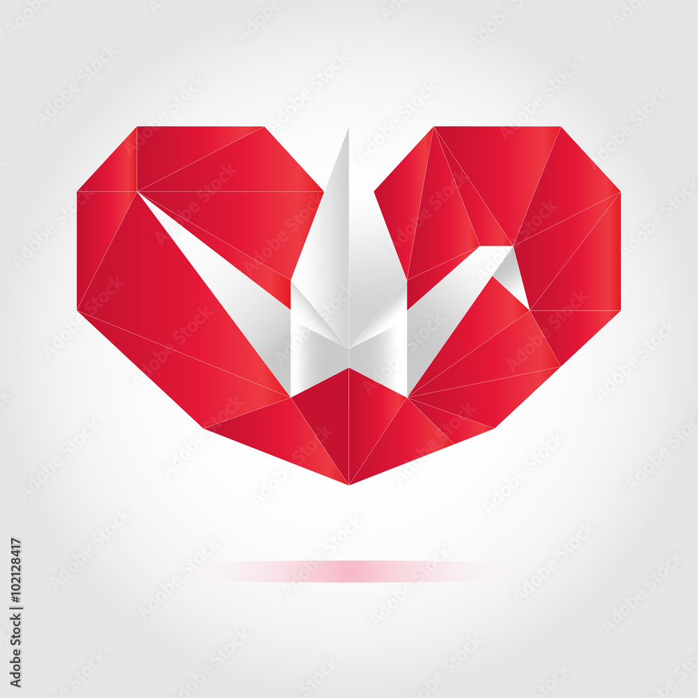 Vector postcard. Heart and crane of paper. Origami. Valentine`s day Vector postcard. Heart and crane of paper. Origami. Valentine`s day