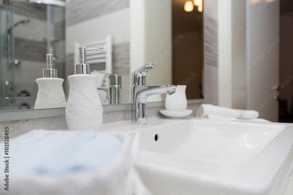 Sink, Tap, Towels and Bathroom Set. Modern Bathroom Interior Des Sink, Tap, Towels and Bathroom Set. Modern Bathroom Interior Des