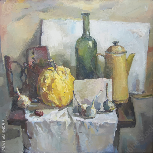 Still life with pumpkin, iron, chestnut and garlic.