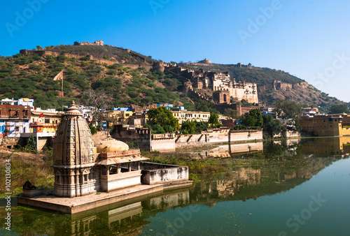 Panorama Bundi city. View of the Bundi palace from Nawal Sagar lake .  Rajasthan, India photo