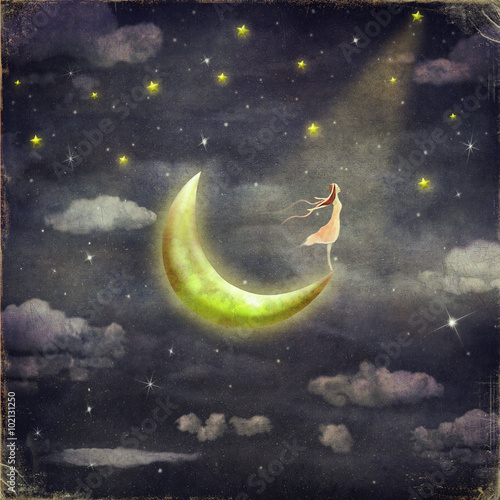 Plakat Ilustracja pokazuje dziewczynę, która podziwia niebo gwiazd