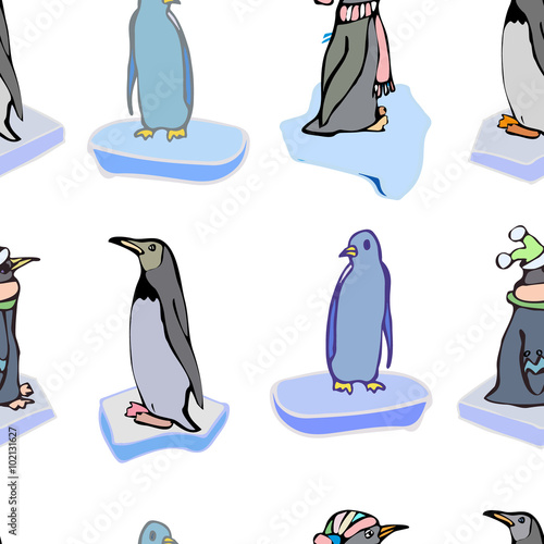 The penguins on ice floes. Vector pattern. Christmas 