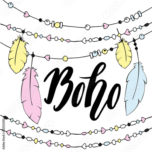 Hand drawn sign in boho style with handdrawn feathers and beads