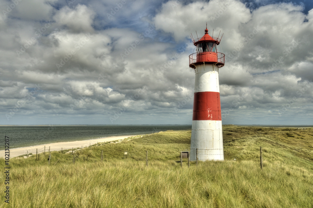 Lighthouse List and beautiful coastal landscape of the german North Sea Island Sylt, HDR, Germany, Europe