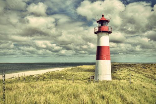 Lighthouse List and beautiful coastal landscape of the german North Sea Island Sylt  HDR  Germany  Europe  vintage style