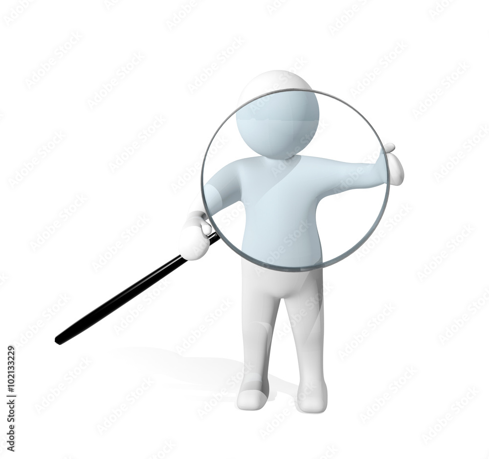 3d man investigating with magnifying glass isolated on white background 3d man investigating with magnifying glass isolated on white background