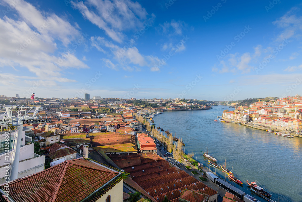 Portugal old town skyline from across the Douro River, Porto, Portugal.