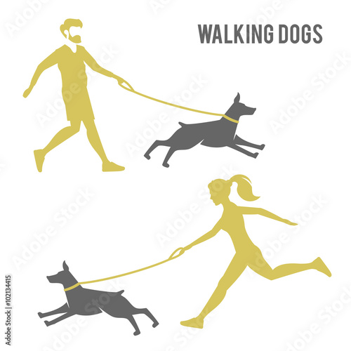 The guy and the girl walking a dog.