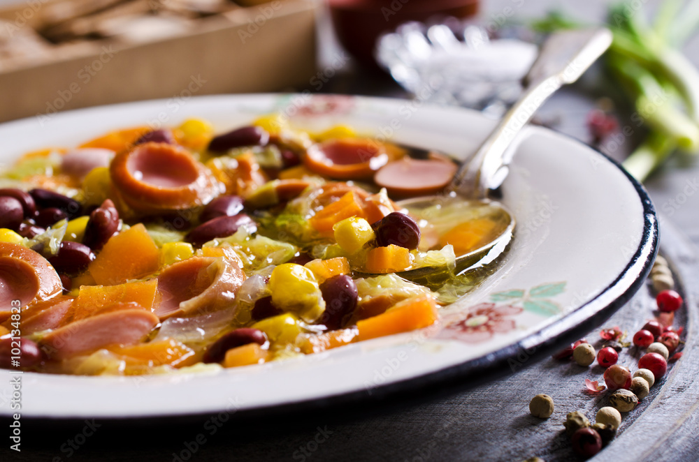 Soup with vegetables and sausages Soup with vegetables and sausages