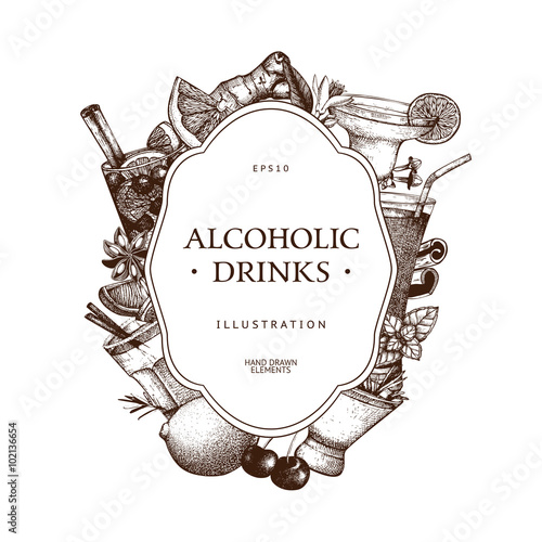 Vector design with hand drawn alcoholic drinks illustration. Vintage beverages sketch background. Retro template