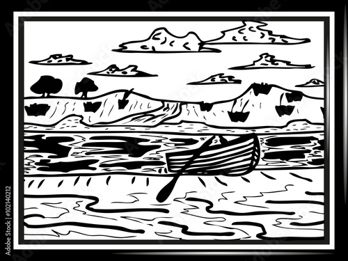 Boat on the bank of the river. Drawing. Sketch style.