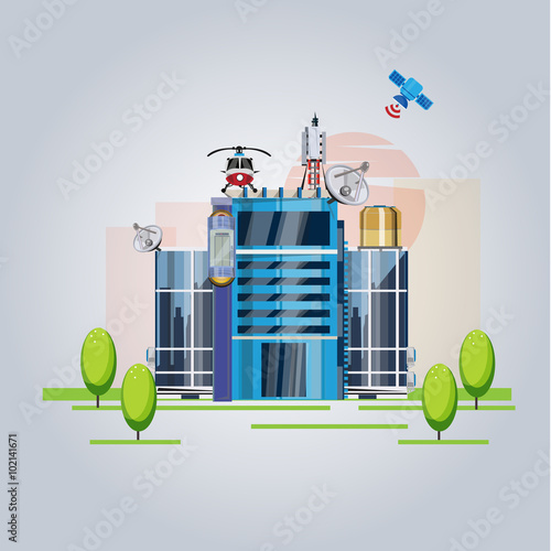 high tech building. future concept with satellite system - vecto
