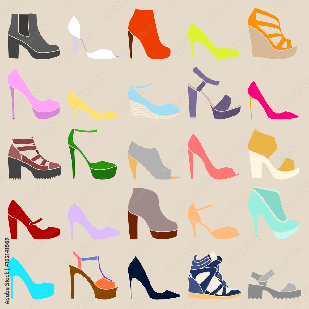 Set of different stylish shoes on beige background