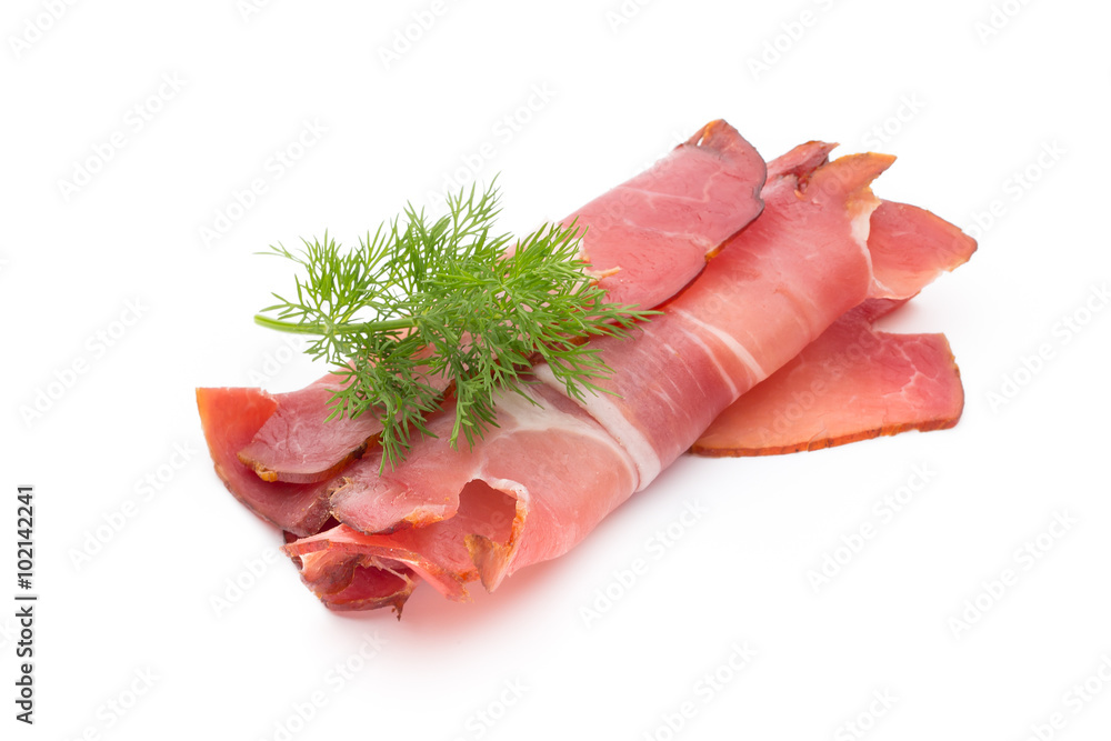 Slices of ham on white background. Slices of ham on white background.