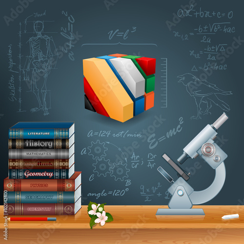 Abstract design template for education with Learning process: Study books- Gain knowledge; Microscope-Research for extending knowledge; Cube-Processing and sedimentation knowledge; Space for text