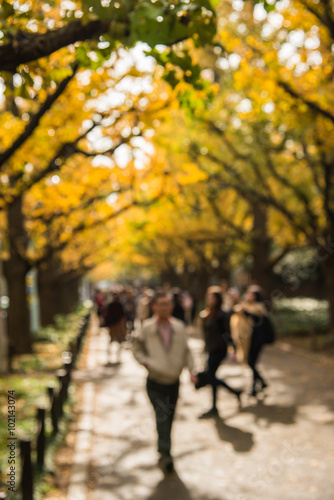 People walk in the Ginkgo park in Blured style