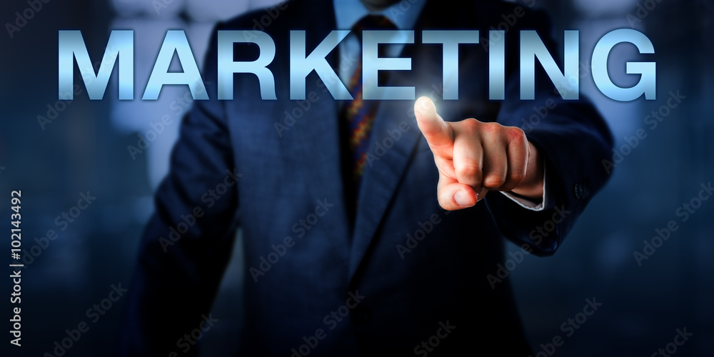 Marketeer Pointing At MARKETING Onscreen Marketeer Pointing At MARKETING Onscreen