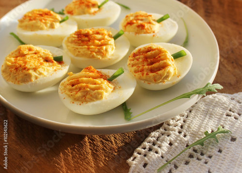 deviled eggs with red pepper