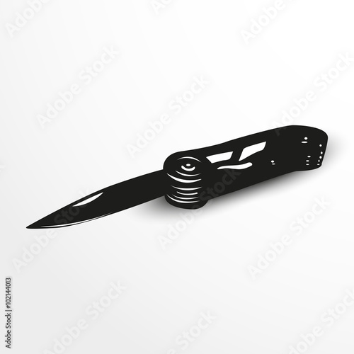 Folding pocket knife. Vector illustration. Black and white view.