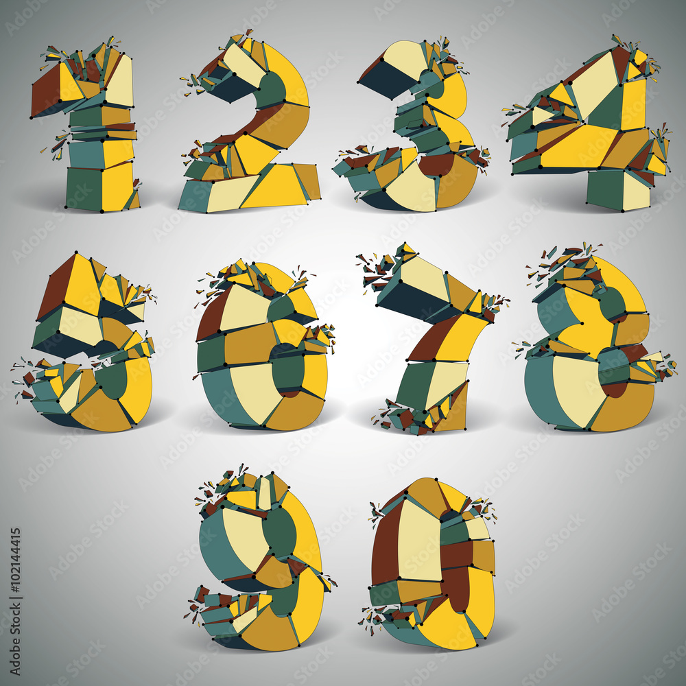 Set of abstract 3d faceted golden numbers with connected lines