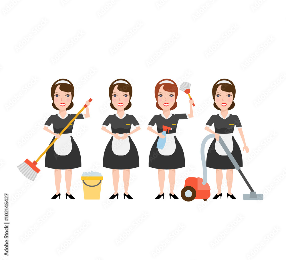 maid housemaid cleaning service woman uniform set. vacuum bucket detergent broom feather duster isolated on white background