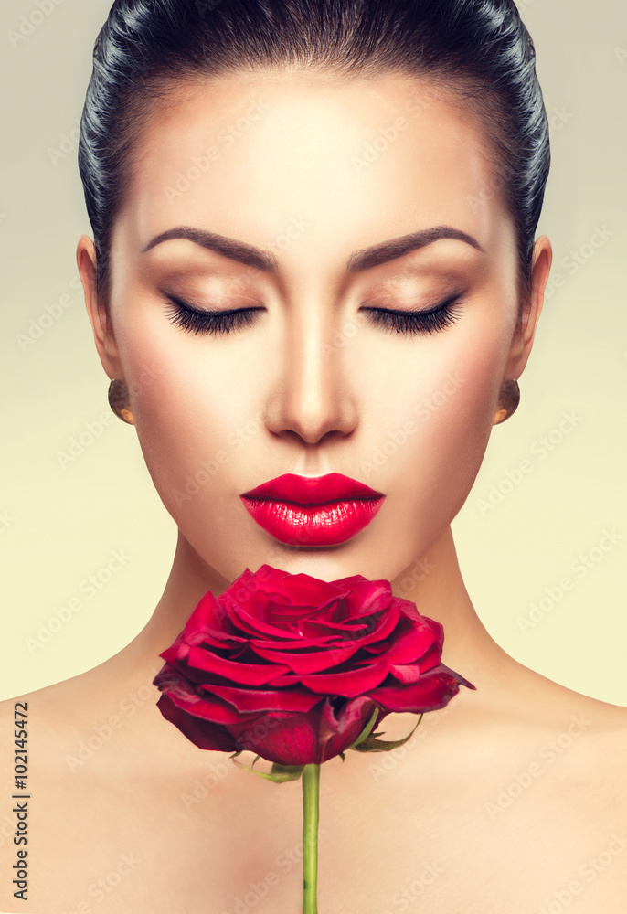 Beauty portrait with red rose flower