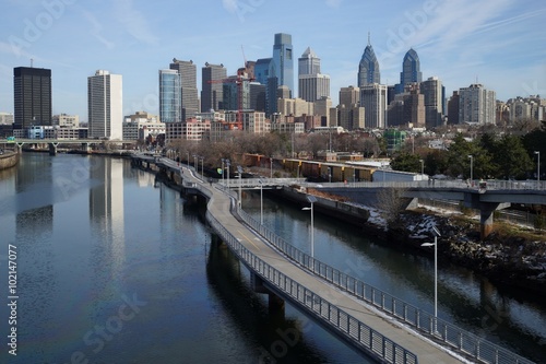 Daytime view over downtown Philadelphia from Schuylkill river side.