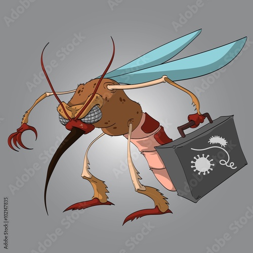 Vector illustration of a cartoon mosquito, holding a suitcase with viruses and bacteria.