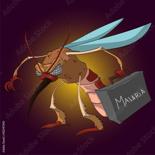 Vector illustration of a cartoon mosquito, holding a suitcase with malaria disease.