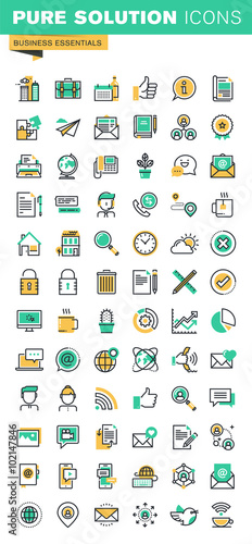 Modern thin line icons set of basic business essential tools, office equipment, internet marketing, contact information, communication.