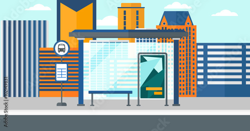 Background of bus stop with skyscrapers behind.