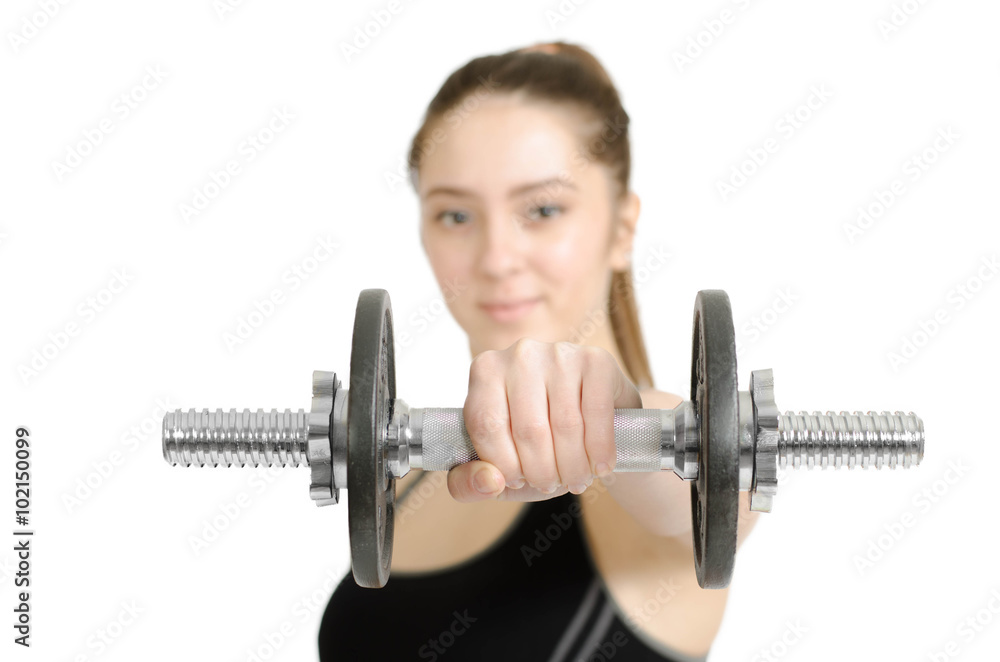 Young athletic woman with dumbbells, isolated on white Young athletic woman with dumbbells, isolated on white