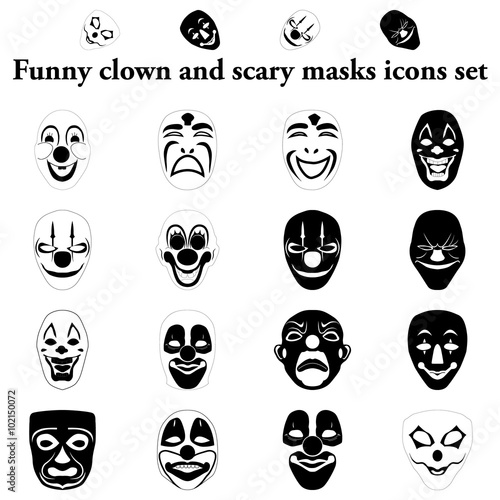 Funny clown and scary masks simple icons set