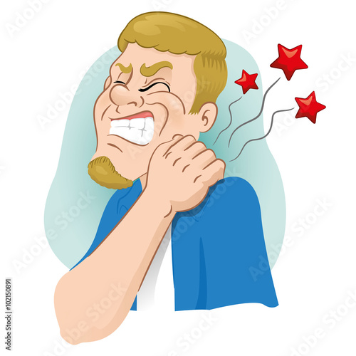 Luly mascot illustration with muscle pain, cramping his hand on the neck indicating crick